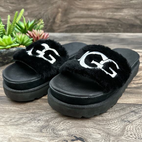 UGG Laton Fur Platform Slide Sandals Black Sheepskin 8 39 - Picture 7 of 12